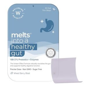 Wellbeing Nutrition Melts Healthy Gut | 10B CFU Probiotics, Digestive Enzymes, FOS | For Indigestion, Gas, Acidity and Bloating, Gut Health, 30 Oral Strips ( free delivery )