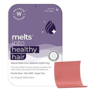 Wellbeing Nutrition Melts Healthy Hair | Pure Biotin 10,000mcg, Keratin, Zinc, Folic Acid for Stronger, Shinier Hair, Strength & Thickness, 30 Oral Strips ( free delivery )