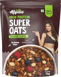 ALPINO 24% High Protein Super Oats Classic Coffee 1kg – Rolled Oats, Natural Peanut Butter, Coffee Extract, Jaggery Powder – 24g Protein, Source of Dietary Fibre & Healthy Fats, No Refined Sugar & Salt ( free delivery )