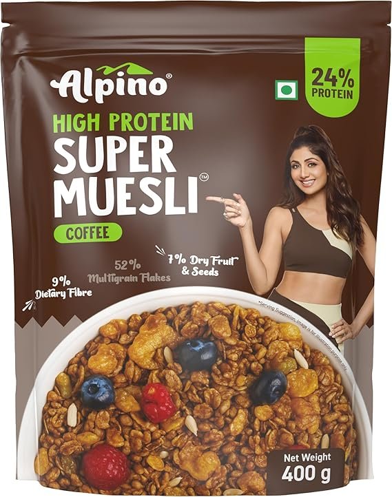 ALPINO High Protein Super Muesli Cold Coffee 400g – Multigrain Flakes & Rolled Oats, Soya Protein, Nuts & Seeds, Coffee Extract - 24% Protein, Source of Dietary Fibre & Healthy Fats ( free delivery )